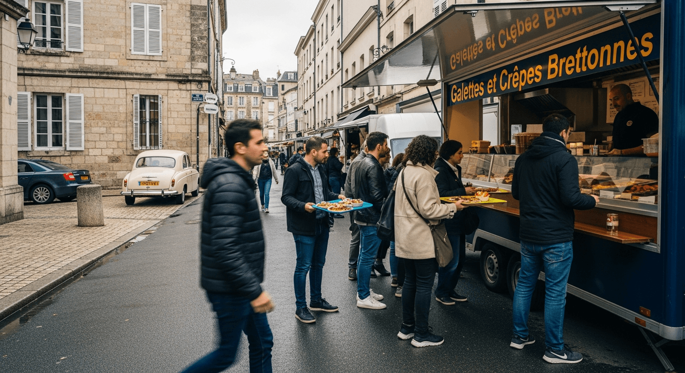 Food truck galettes et crêpes bretonnes avec clients faisant la queue dans rue pavée française