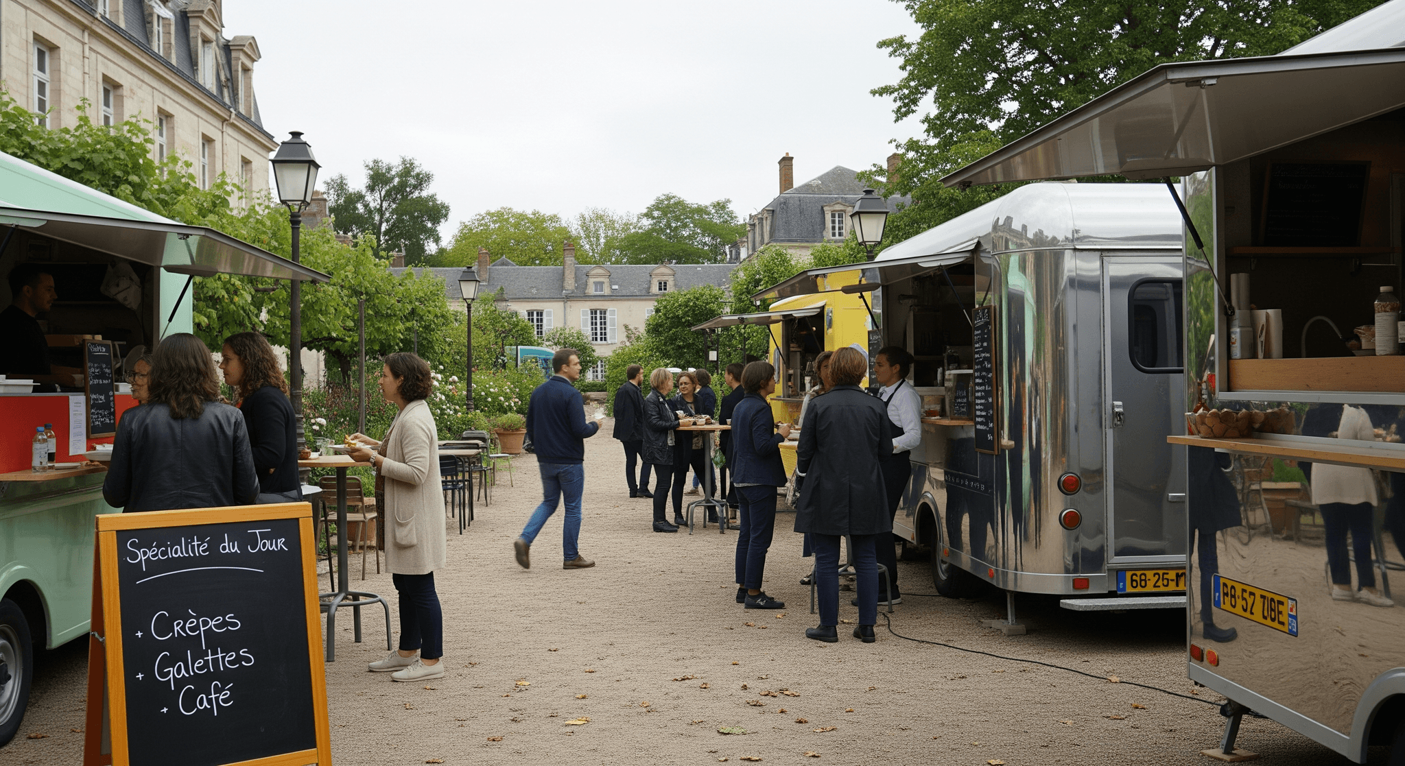 Food trucks et remorques MCR aménagés (vert, jaune, chromé) servant crêpes et café lors d'une garden party.