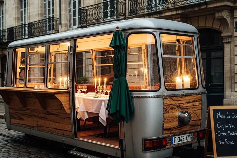Food truck gastronomique aménagé dans une ancienne télécabine avec vitrage panoramique et intérieur éclairé aux bougies