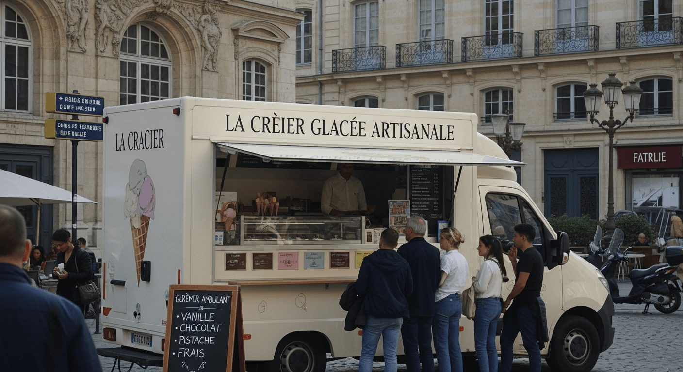 Food truck glacier La Crémier avec clients faisant la queue sur place pavée, concept mobile de glaces artisanales