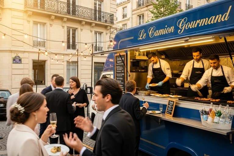 Food truck gourmand bleu servant clients en costume lors événement corporate parisien