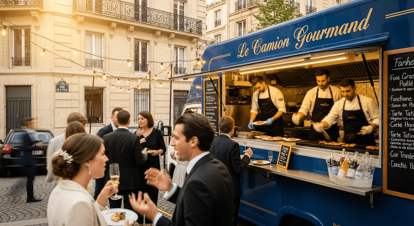 Food truck gourmand bleu servant clients en costume lors événement corporate parisien