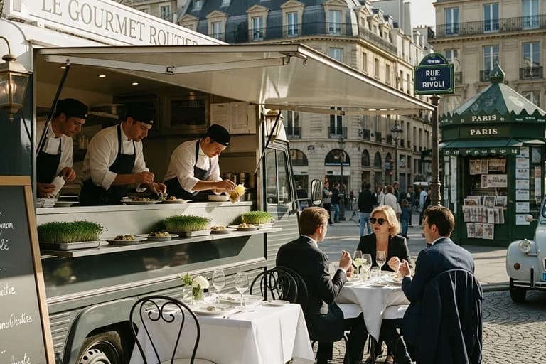 Food truck gourmet servant des clients à table sur une place parisienne avec chefs en cuisine ouverte