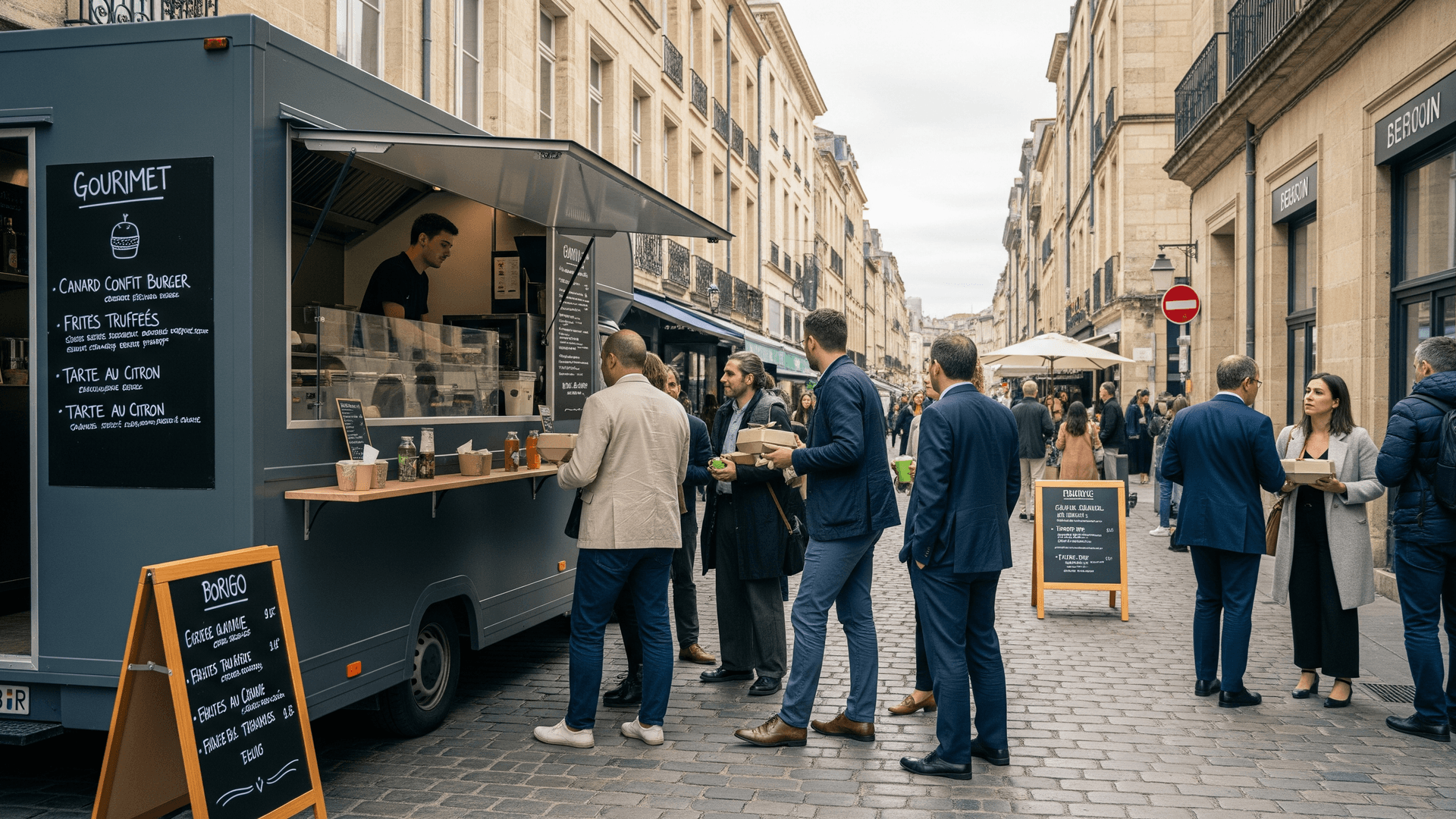 Food truck gris 'Gourimet' en pleine activité sur une rue pavée de Bordeaux, servant des repas à des clients. Concept mobile urbain.