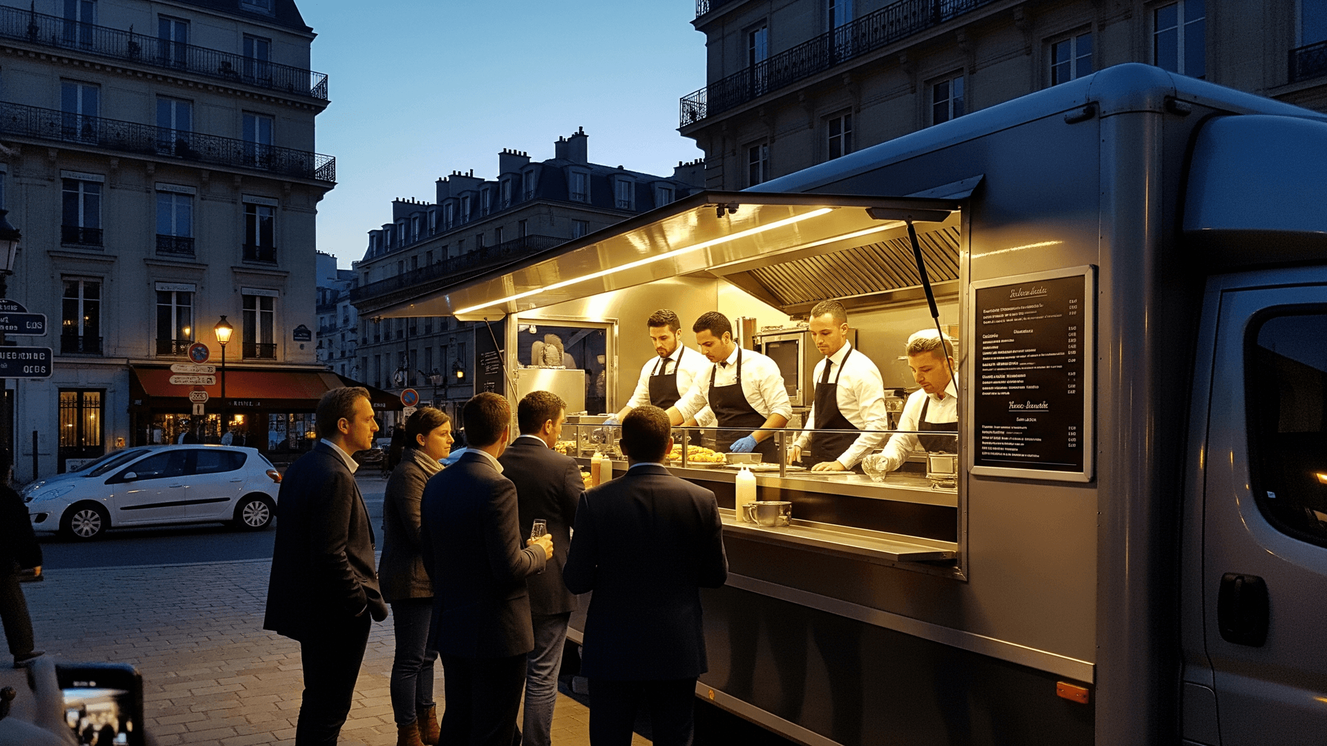 Food truck gris professionnel aménagé, chefs servant des clients en soirée dans une rue urbaine. Concept mobile de restauration.