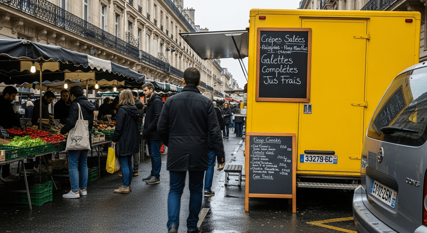 Food truck jaune avec menu de crêpes sur marché français, entouré de stands de fruits et légumes