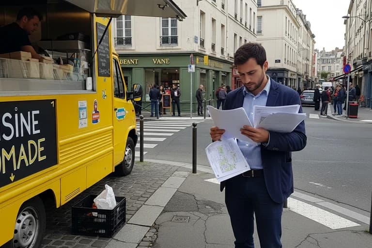 Food truck jaune Cuisine Nomade stationné dans une rue commerçante française avec un homme consultant des documents