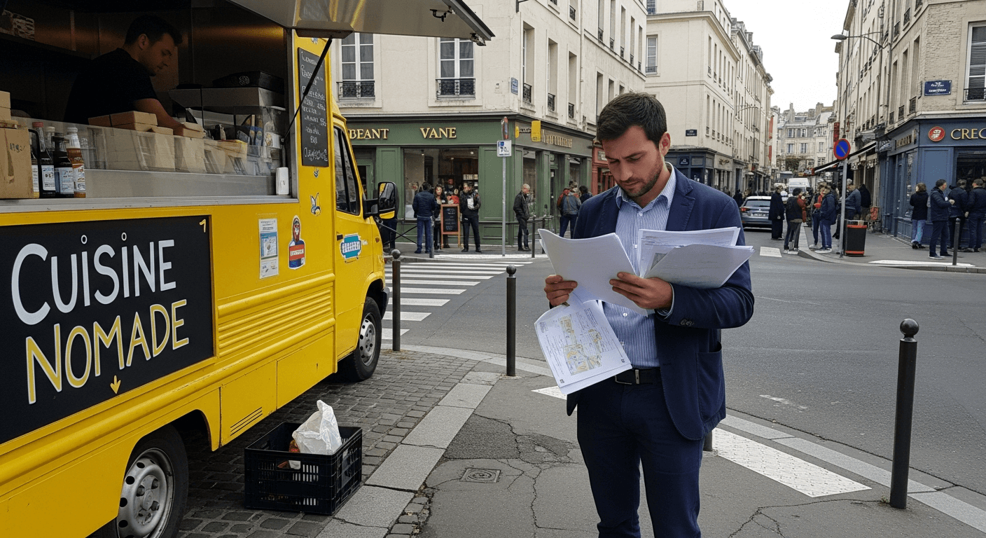 Food truck jaune Cuisine Nomade stationné dans une rue commerçante française avec un homme consultant des documents