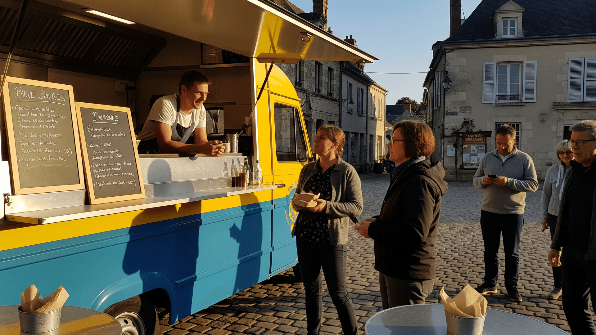 Food truck jaune et bleu MCR, fourgon aménagé, servant des clients sur une place pavée d'un village eurois au crépuscule.