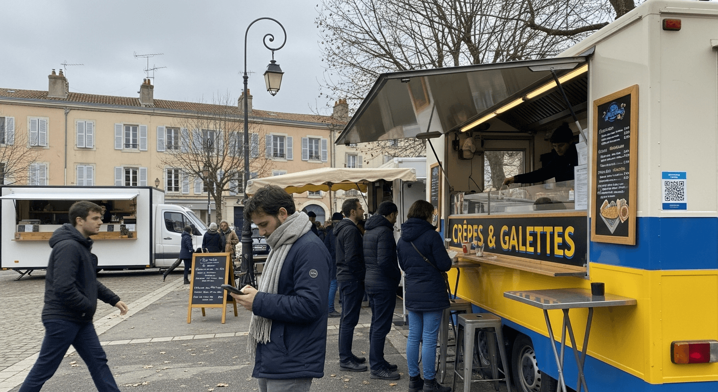 Food truck jaune et bleu spécialisé crêpes et galettes avec clients faisant la queue sur place publique