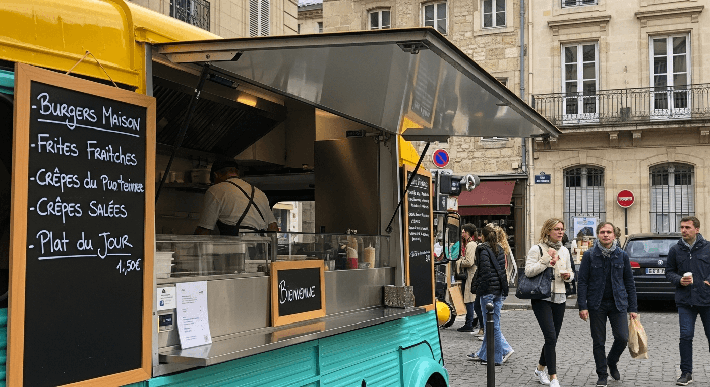 Food truck jaune et turquoise avec menu crêperie sur tableau noir, cuisine ouverte visible
