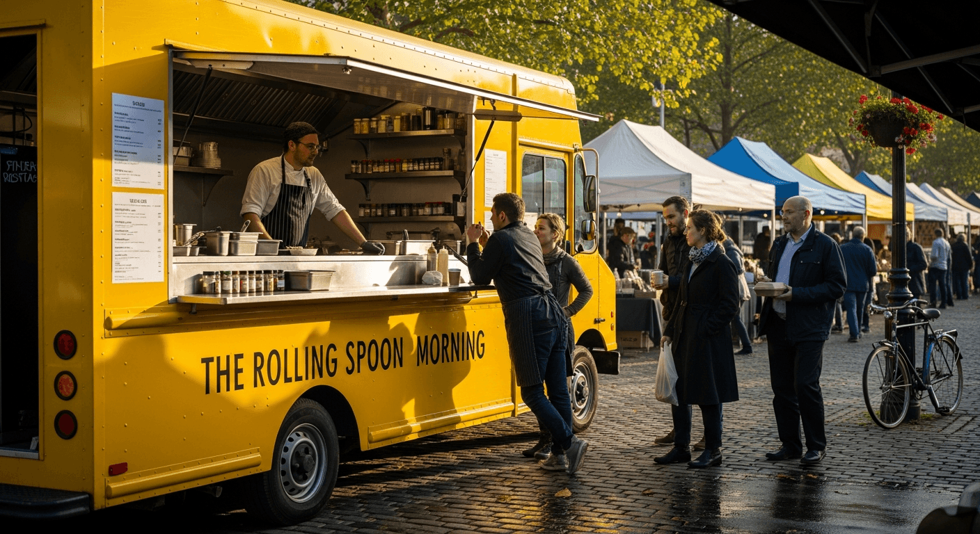 Food truck jaune The Rolling Spoon Morning servant des clients sur un marché avec tentes colorées