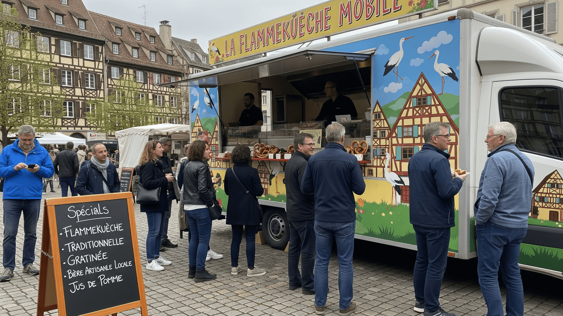 Food truck La Flammenkueche Mobile, décor alsacien, servant flammenkueches et bretzels à une clientèle devant des maisons à colombages.