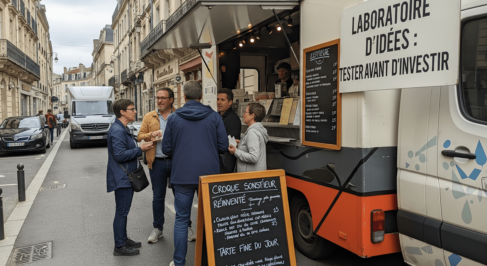 Food truck Mon Camion Resto blanc et orange "Laboratoire d'idées" en ville, avec menu et clients.