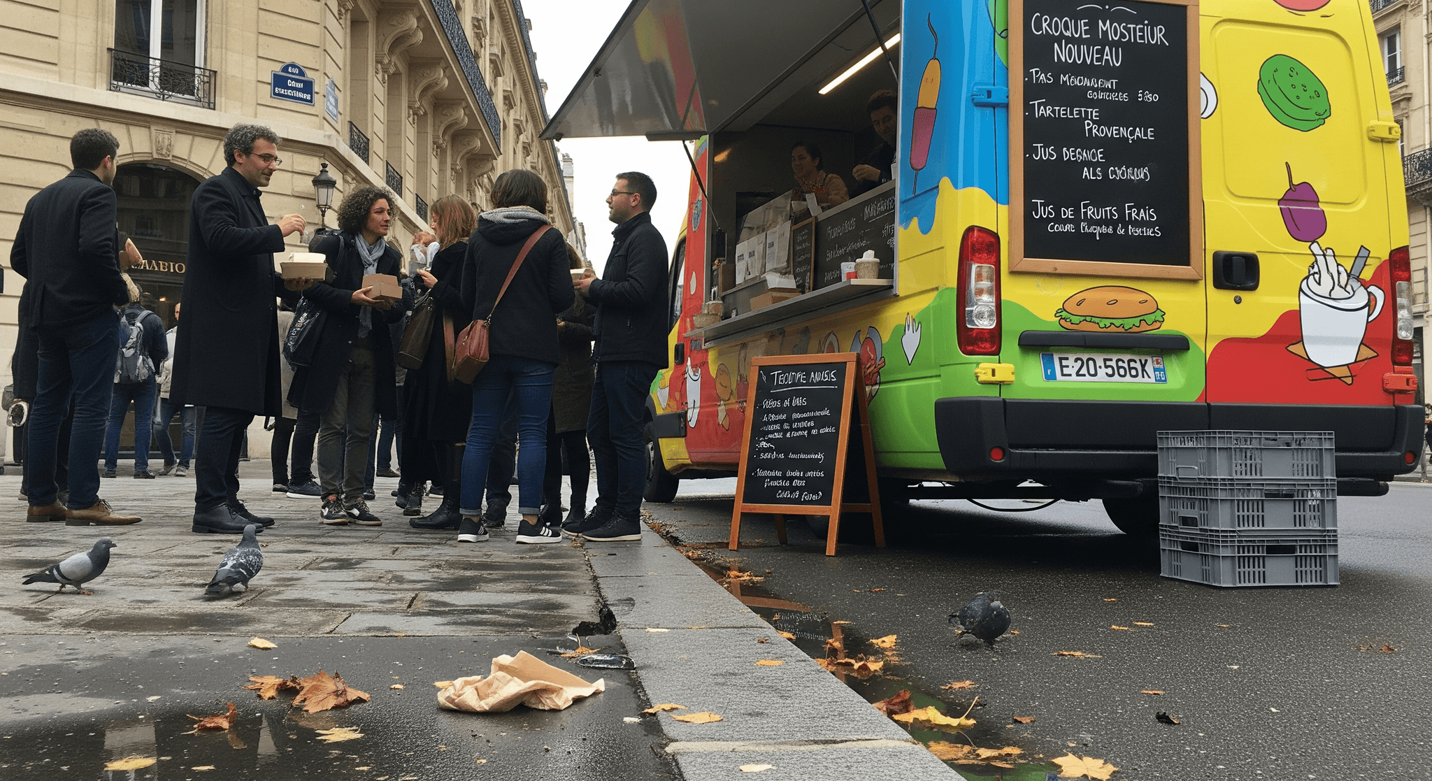 Food truck MCR coloré en service, proposant croques et jus frais. Concept mobile pour activation marketing urbaine.