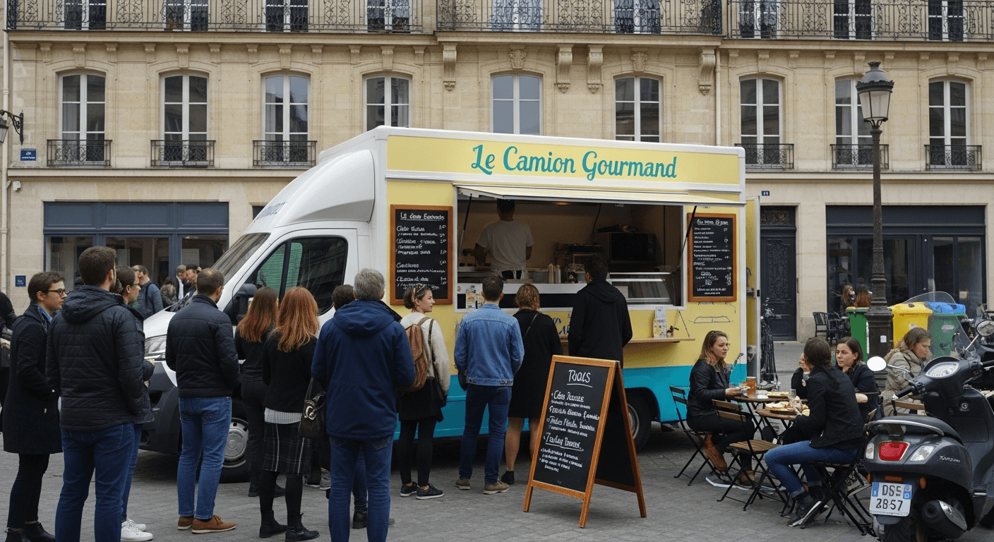 Food truck Le Camion Gourmand avec file d'attente de clients devant façade parisienne haussmannienne