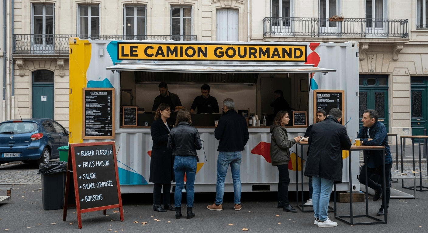 Food truck Le Camion Gourmand servant des clients sur une place urbaine française avec menu burger visible