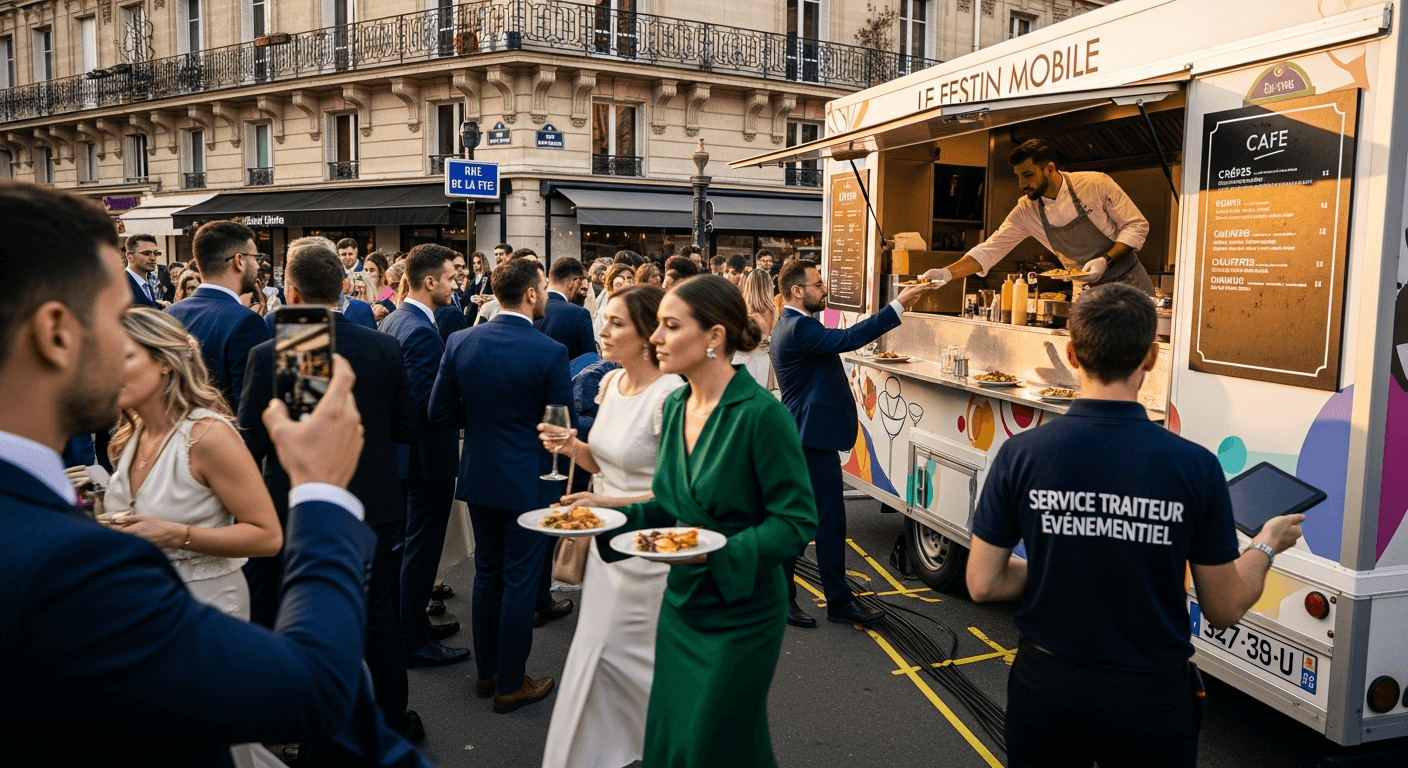 Food truck Le Festin Mobile servant des invités en tenue de soirée lors d'un événement corporate