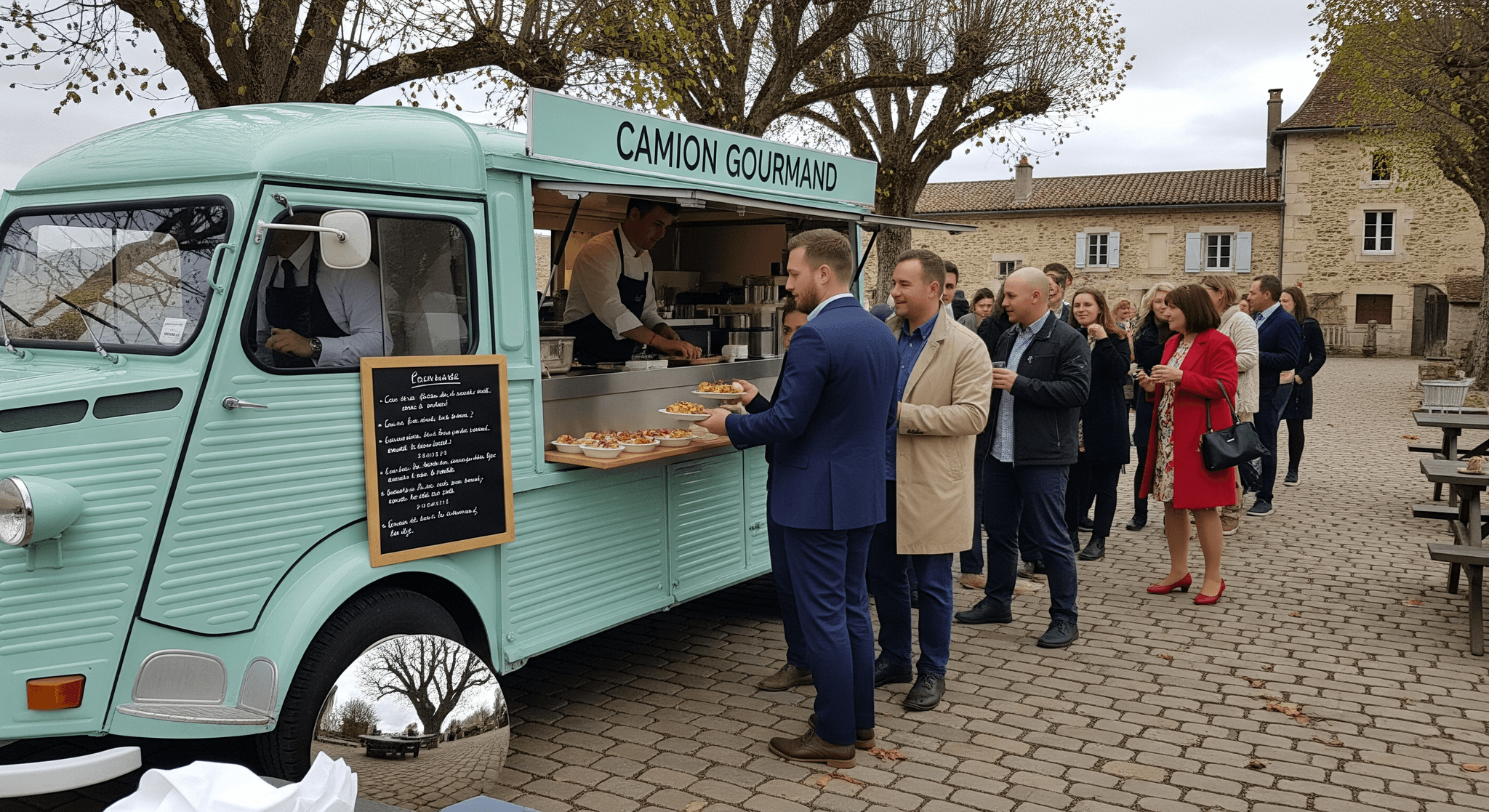 Food truck Citroën HY bleu-vert 'Camion Gourmand' servant un buffet traiteur à des invités en extérieur.