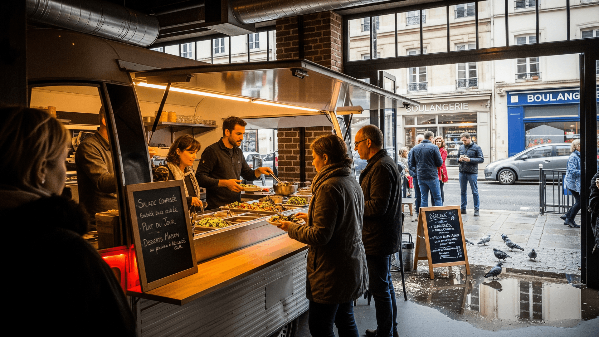 Food truck MCR aménagé en intérieur, un chef sert salades et plats du jour frais à des clients.