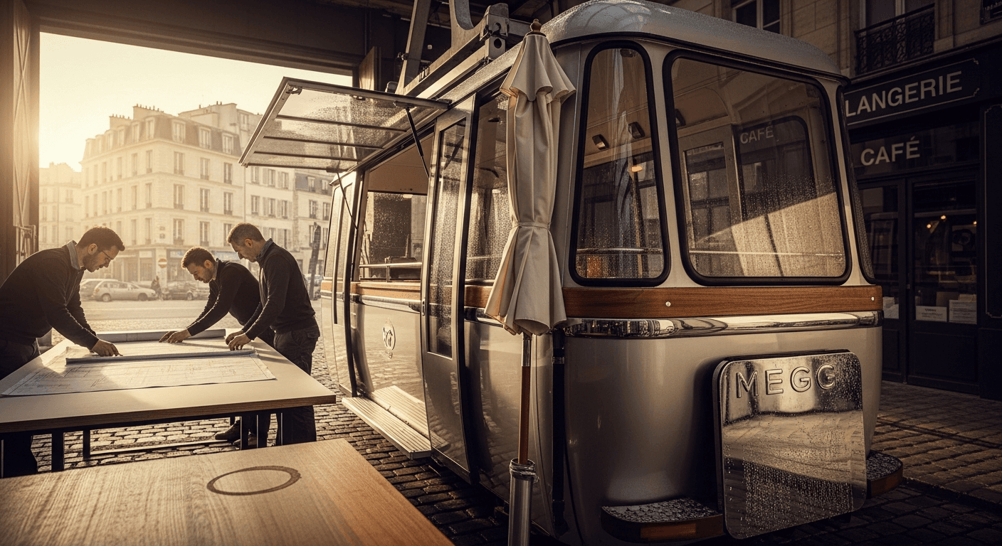 Food truck Megg avec aménagement intérieur modulable et équipement professionnel visible