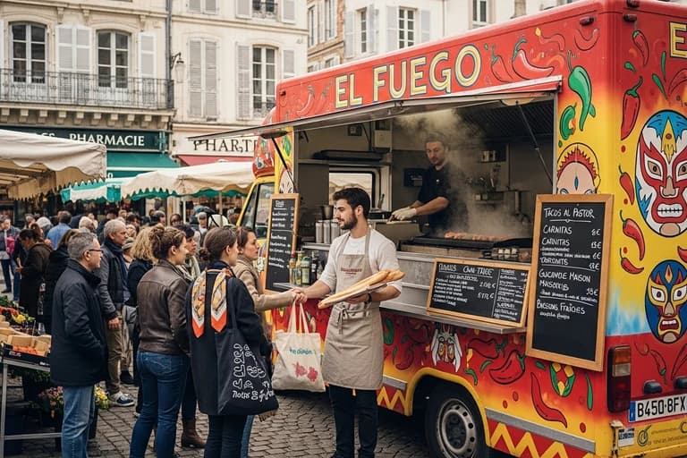 Food truck mexicain El Fuego décoré de motifs colorés servant tacos sur un marché français