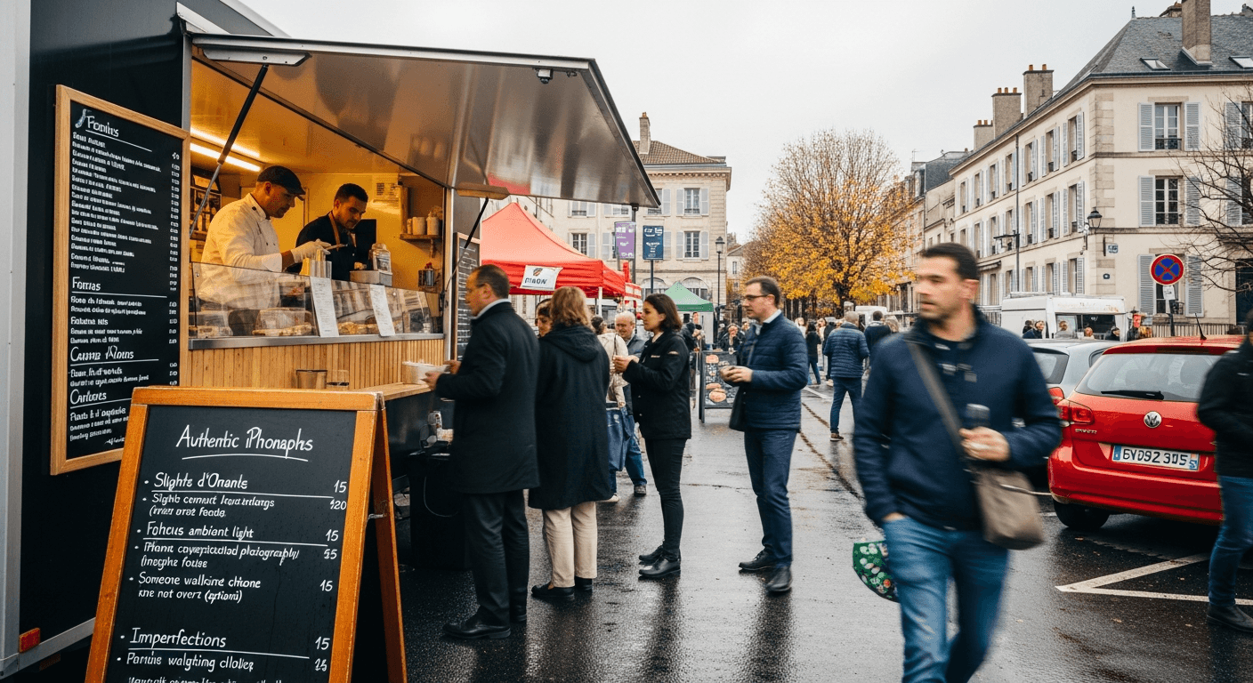 Food truck moderne avec aménagement en bois servant des clients dans une rue commerçante française