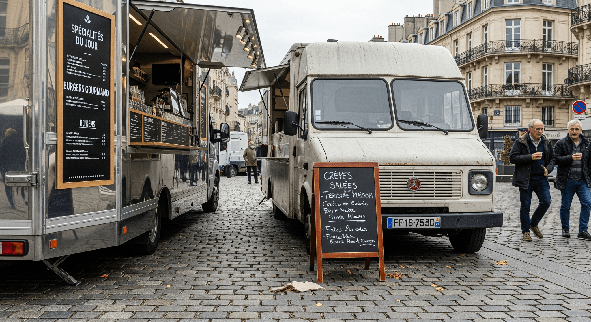 Food truck moderne en acier brossé proposant burgers et fourgon vintage pour crêpes, comparatif de concepts mobiles.