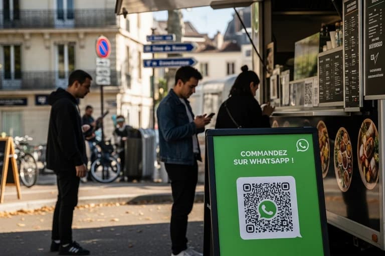Food truck noir avec QR code WhatsApp Business pour commandes, clients consultant smartphones en ville