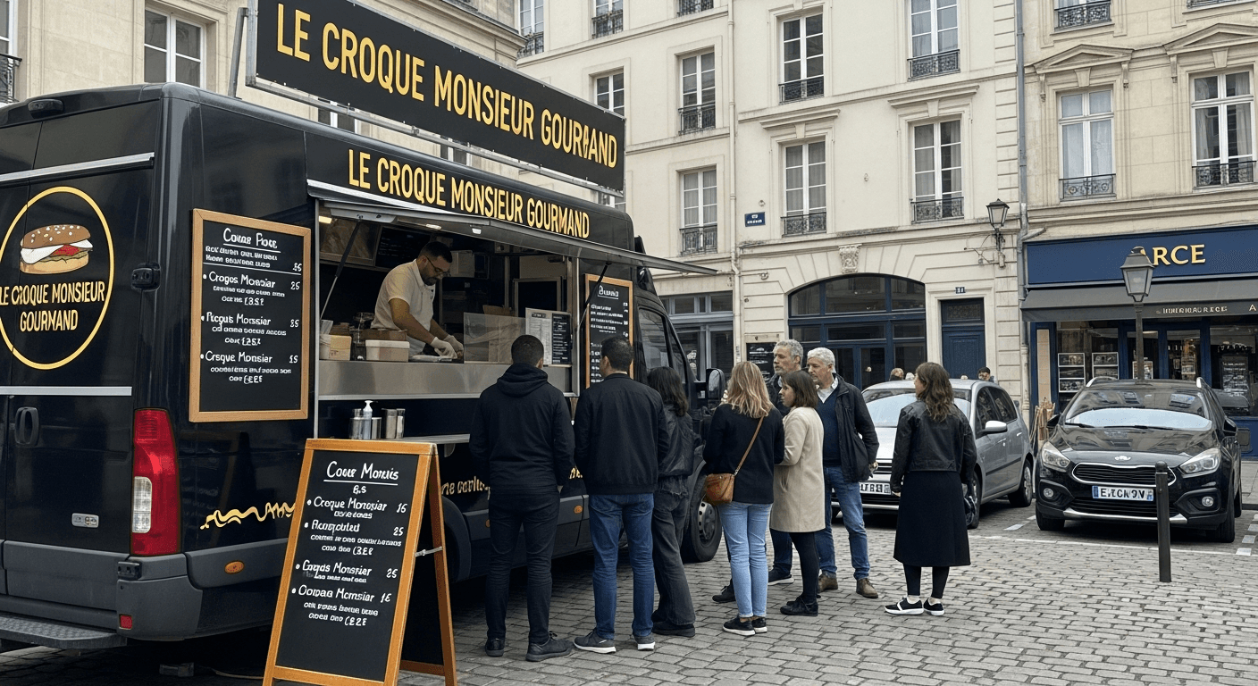 Food truck noir Le Croque Monsieur Gourmand avec clients faisant la queue sur place parisienne pavée