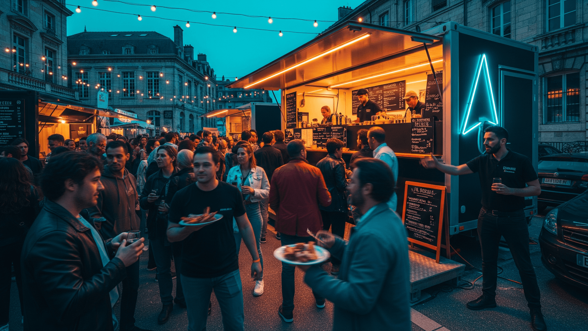 Food truck noir moderne avec enseigne néon lumineuse, servant des plats à une foule lors d'un festival de restauration ambulante.
