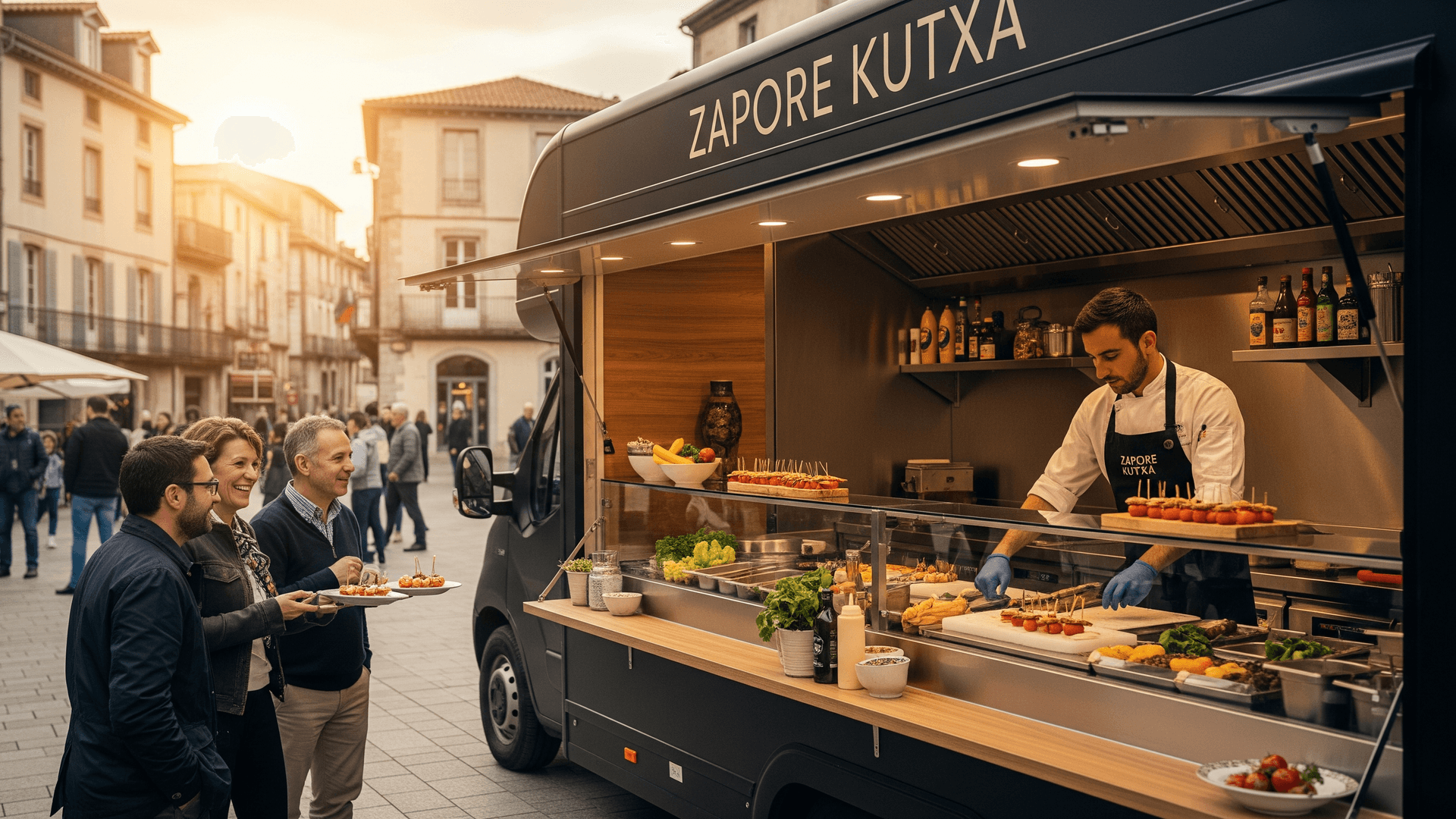 Food truck noir ZAPORE KUTXA, chef sert tapas à des clients enthousiastes en place publique. Aménagement professionnel Mon Camion Resto.