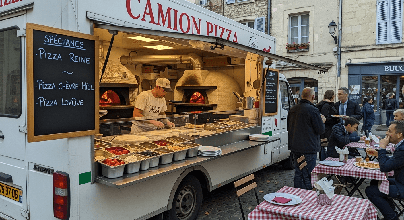 Food truck pizza avec fours à bois intégrés, comptoir ingrédients et espace de service ouvert