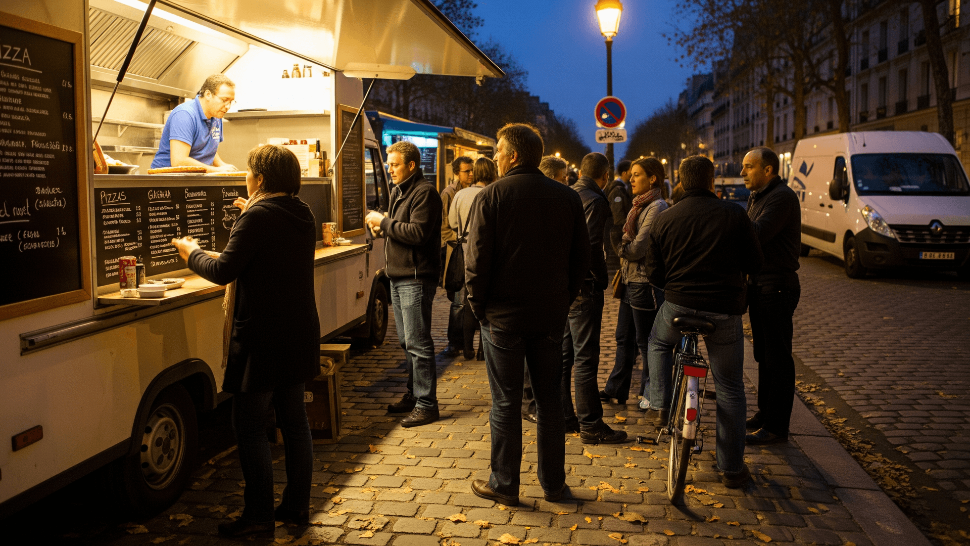 Food truck pizza éclairé servant des clients sur une rue pavée à Paris la nuit, illustrant la restauration ambulante.