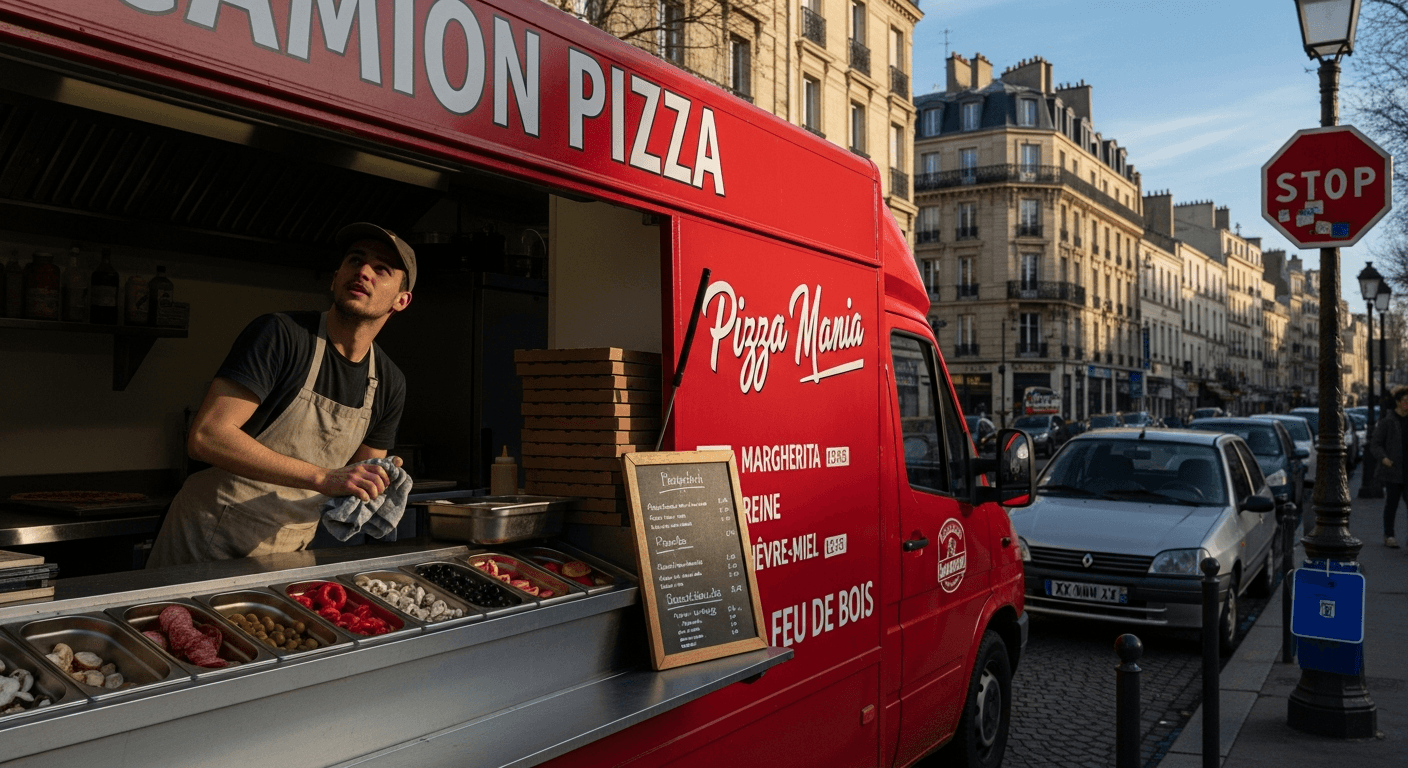 Food truck pizza rouge Pizza Mania stationné en ville avec cuisinier préparant des pizzas dans l'habitacle ouvert