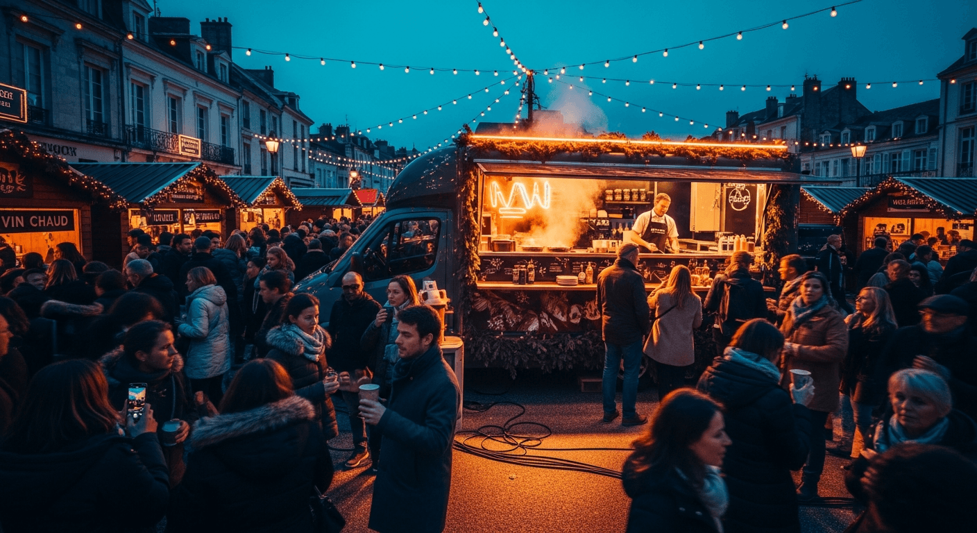 Food truck professionnel en service sur marché de Noël avec guirlandes lumineuses et foule de clients