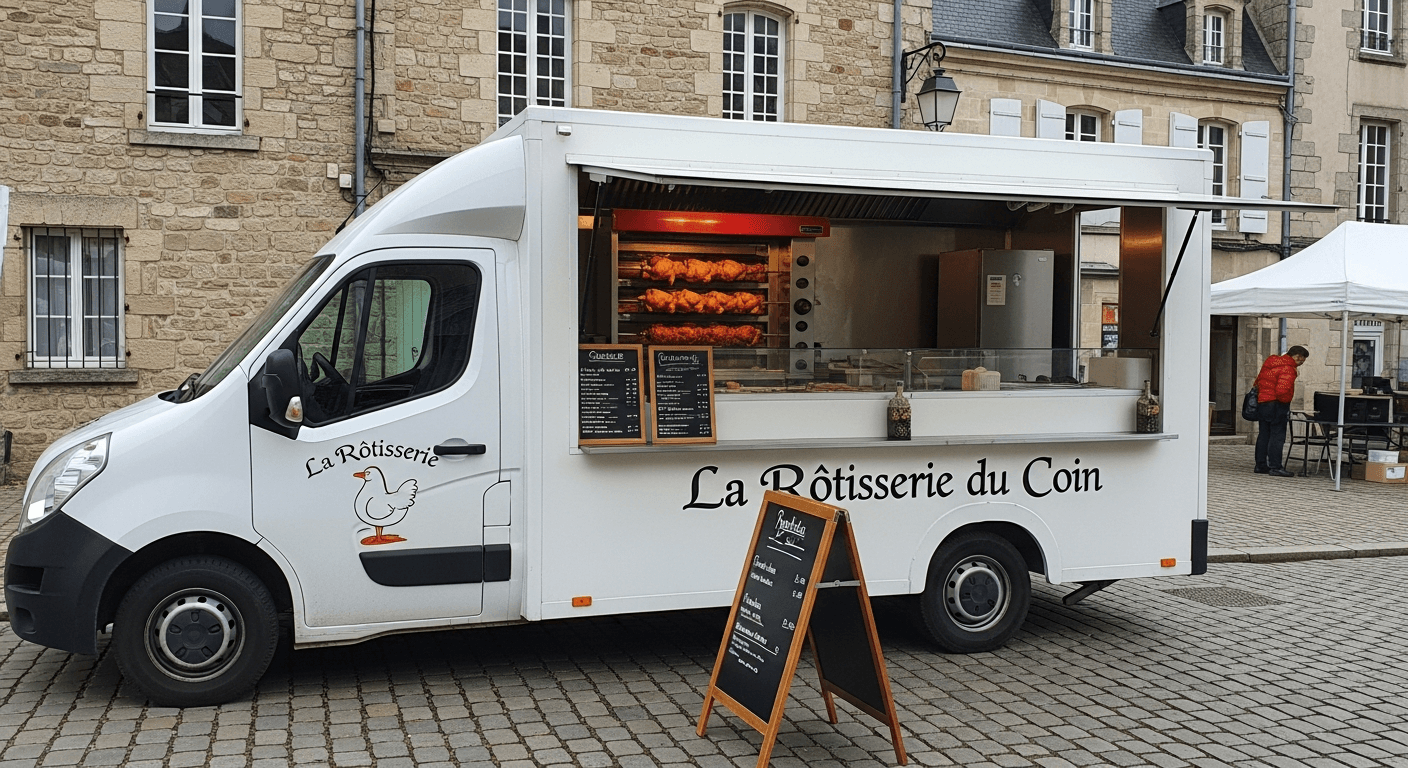 Food truck rôtisserie avec poulets dorés en vitrine, enseigne 'La Rôtisserie du Coin' sur place pavée