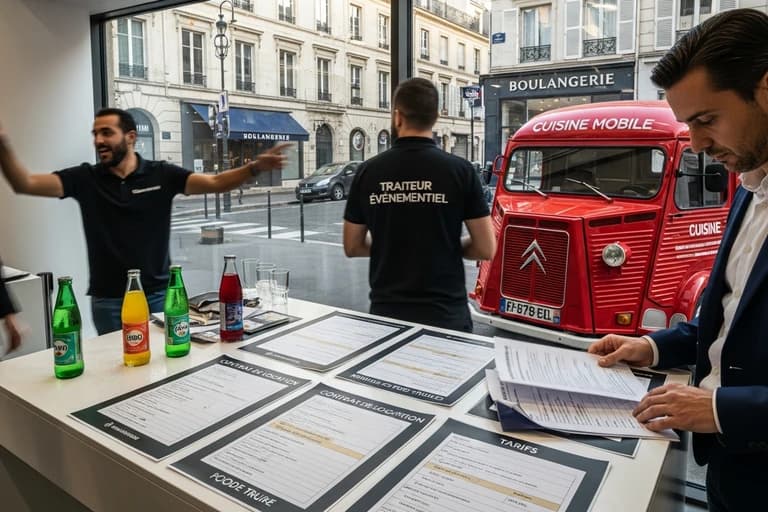 Food truck rouge Citroën H aménagé avec enseigne cuisine mobile et professionnels consultant contrats location