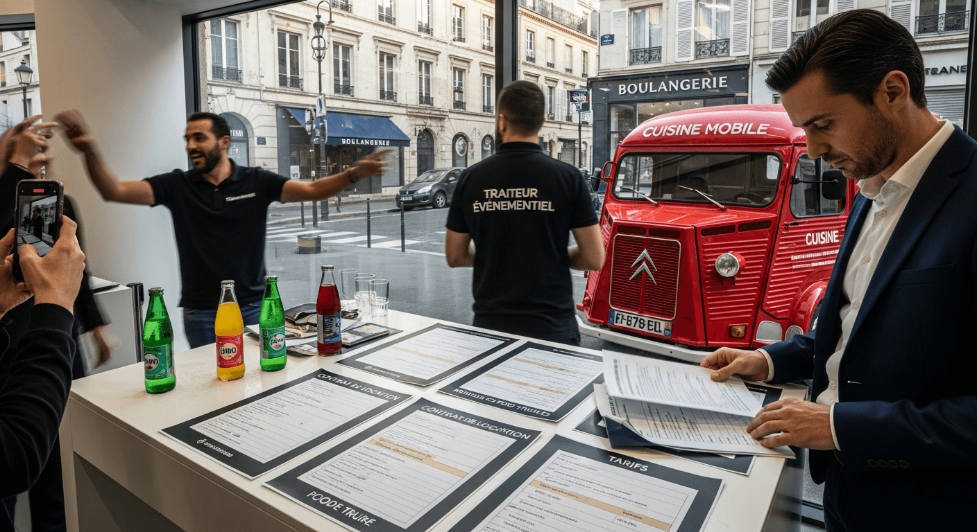 Food truck rouge Citroën H aménagé avec enseigne cuisine mobile et professionnels consultant contrats location