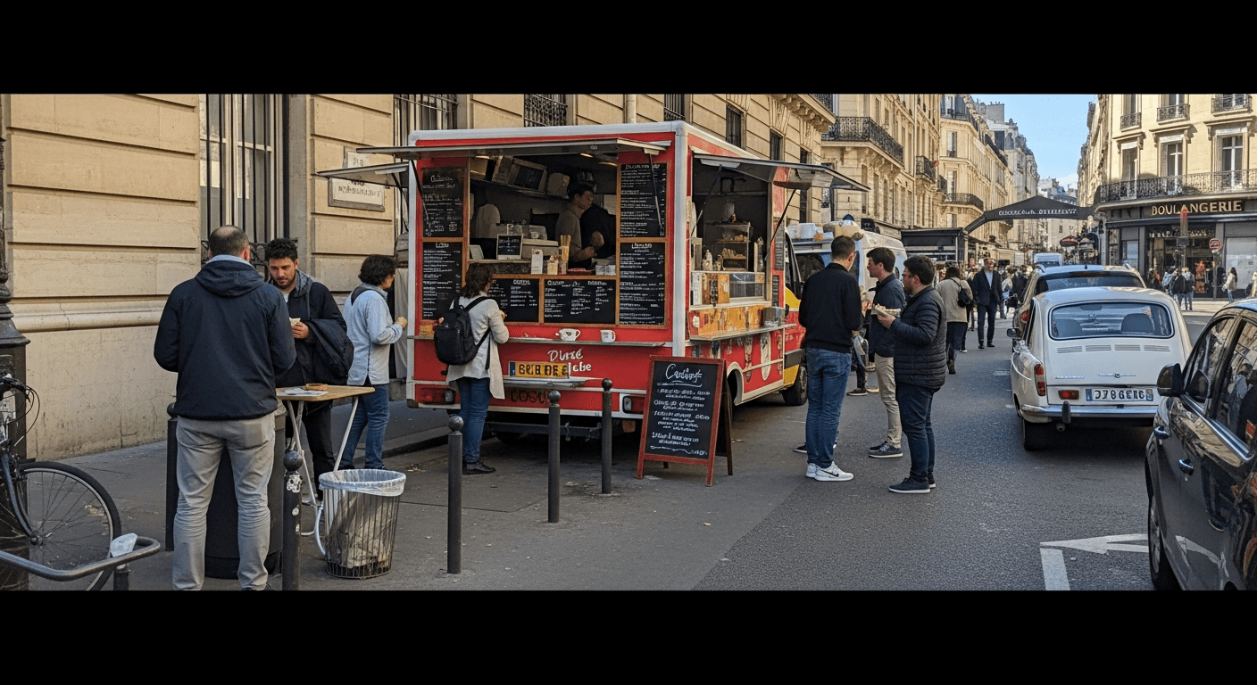 Food truck rouge en activité dans une rue française avec clients faisant la queue