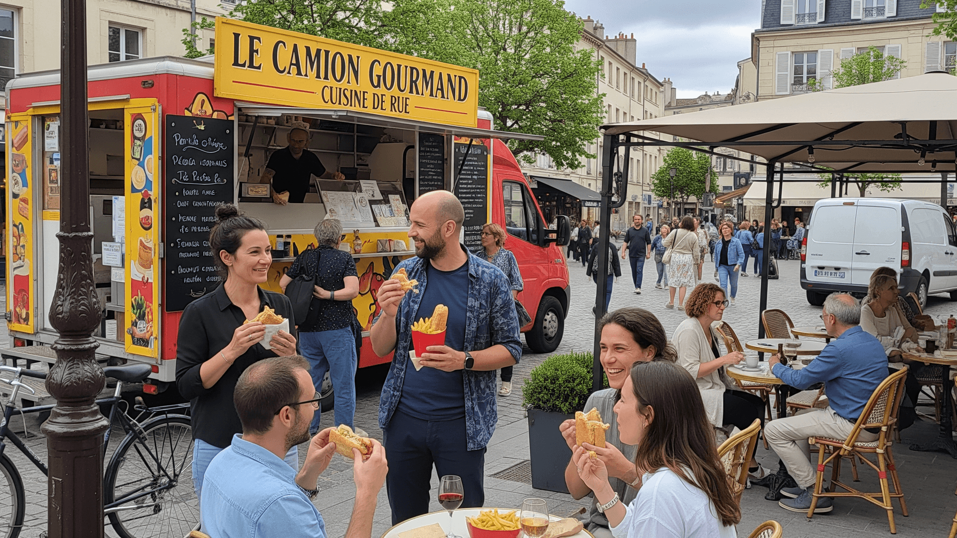 Food truck rouge "Le Camion Gourmand" en service, clients appréciant la cuisine de rue sur une place animée.