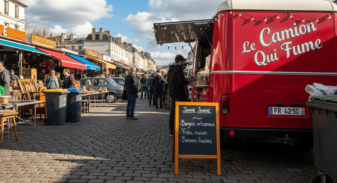 Food truck rouge Le Camion Qui Fume installé sur marché pavé avec menu ardoise et clients
