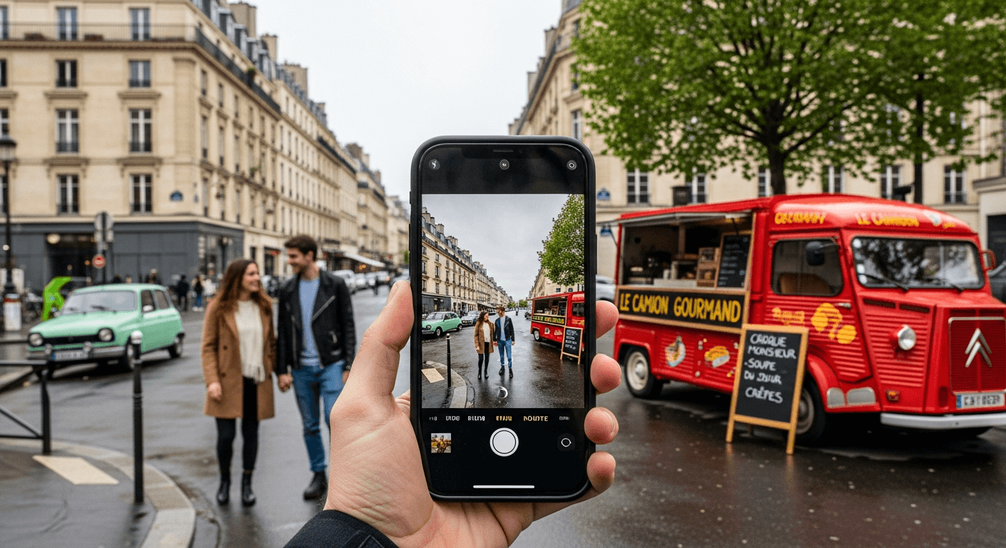 Food truck rouge Le Cochon Gourmand stationné dans une rue parisienne, photographié via smartphone