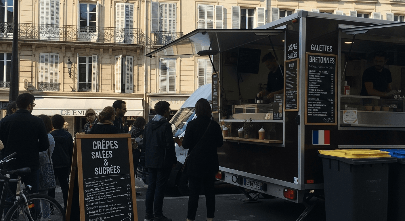 Food truck spécialisé crêpes et galettes bretonnes en service avec clients, aménagement professionnel noir