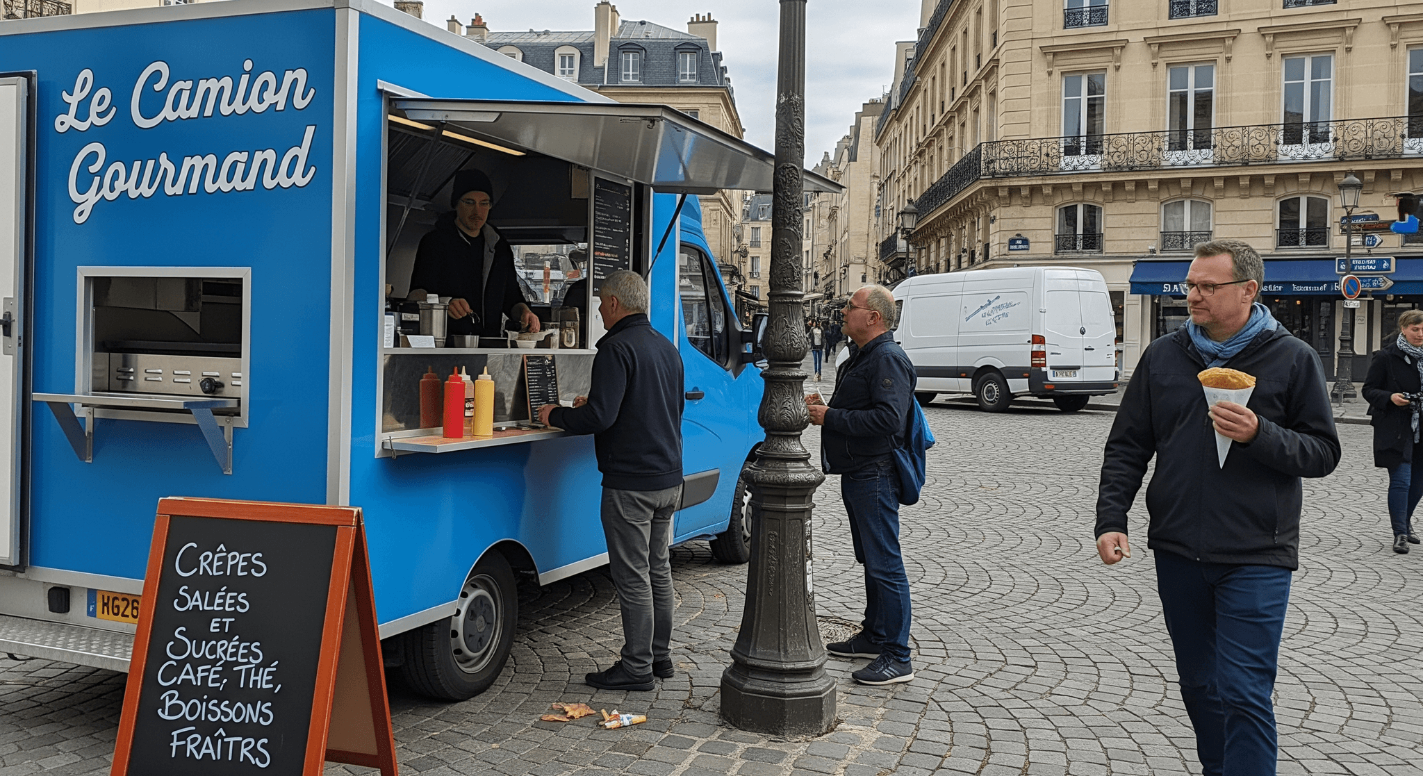Food truck bleu "Le Camion Gourmand" aménagé pour crêperie, en service sur domaine public urbain.
