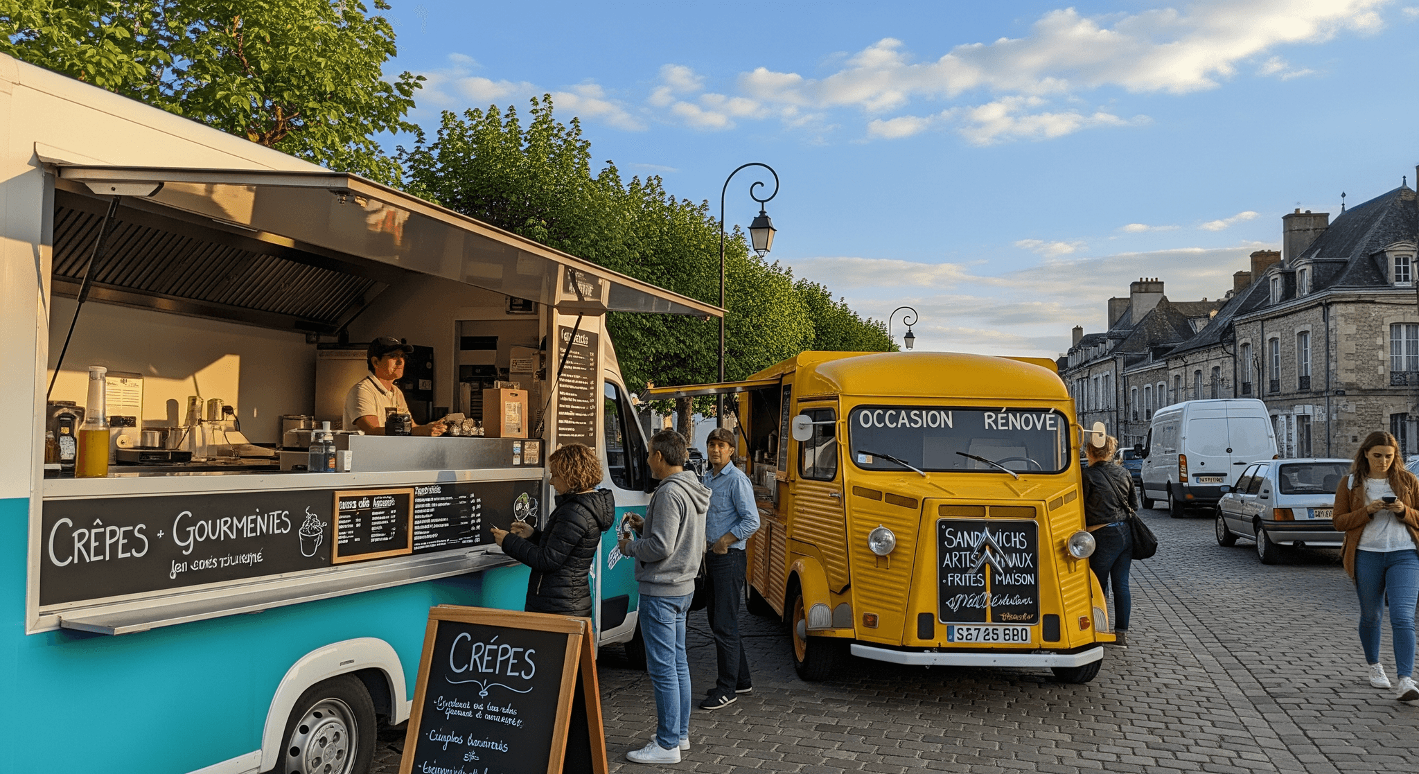 Food truck moderne turquoise à crêpes et van Citroën HY jaune rénové pour sandwichs artisanaux, sur une place animée.