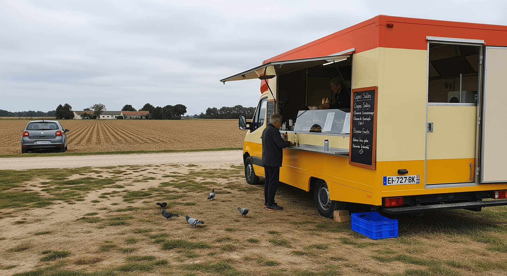 Food truck MCR jaune et orange, service de crêpes en restauration ambulante sur un terrain agricole. Client commande.
