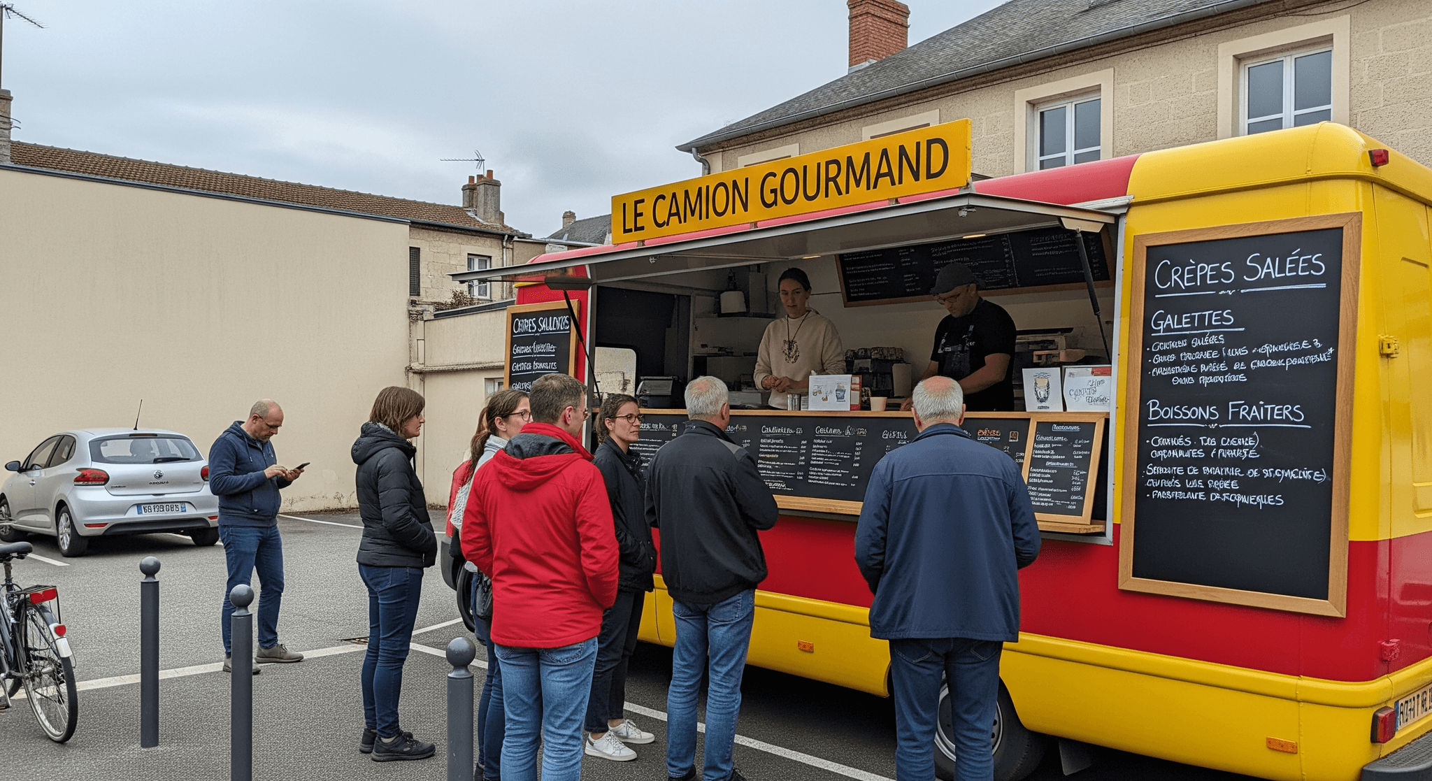 Food truck rouge et jaune "Le Camion Gourmand" servant crêpes et galettes à des clients, aménagement pour restauration mobile.