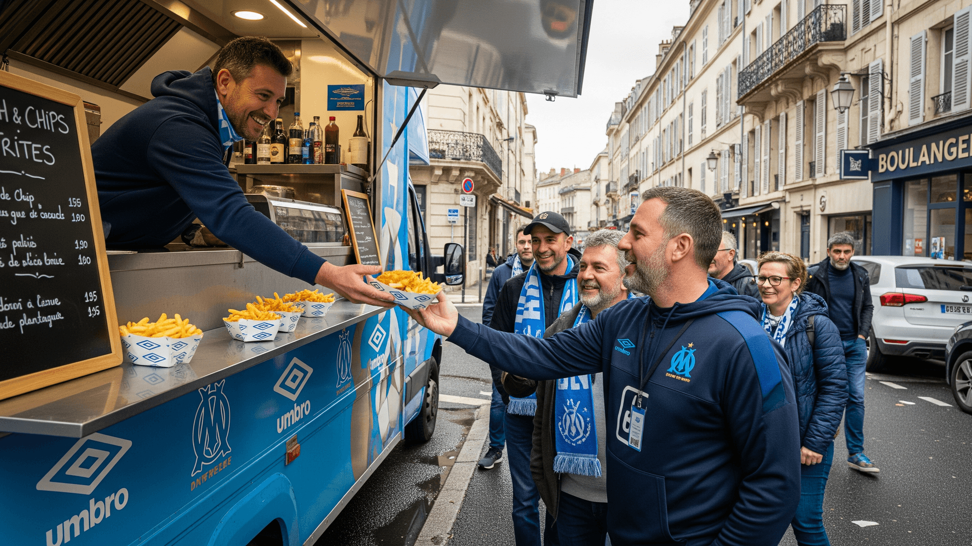 Food truck Umbro bleu personnalisé OM servant des portions de frites à des fans en événementiel urbain.