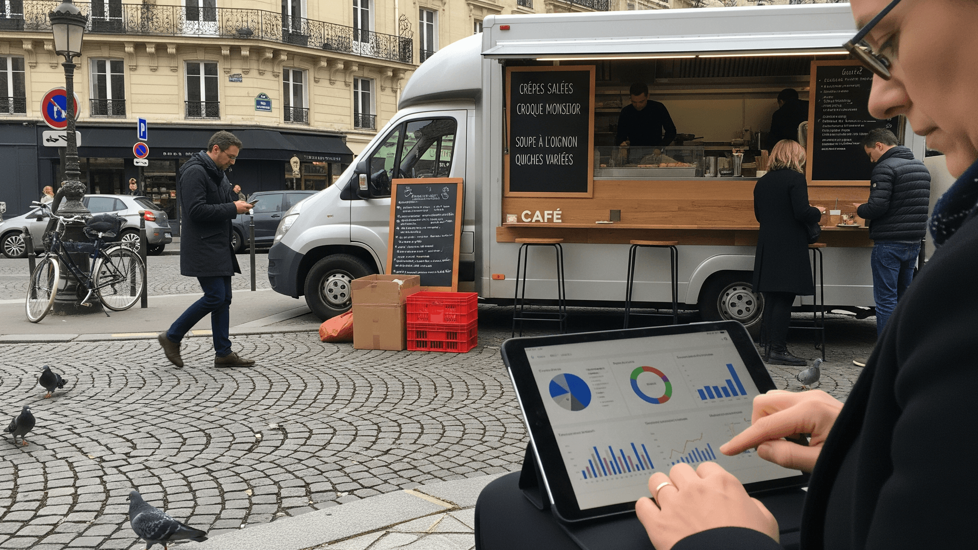 Food truck utilitaire argenté servant crêpes et soupes, aménagé avec comptoir en bois, sur une place pavée parisienne.
